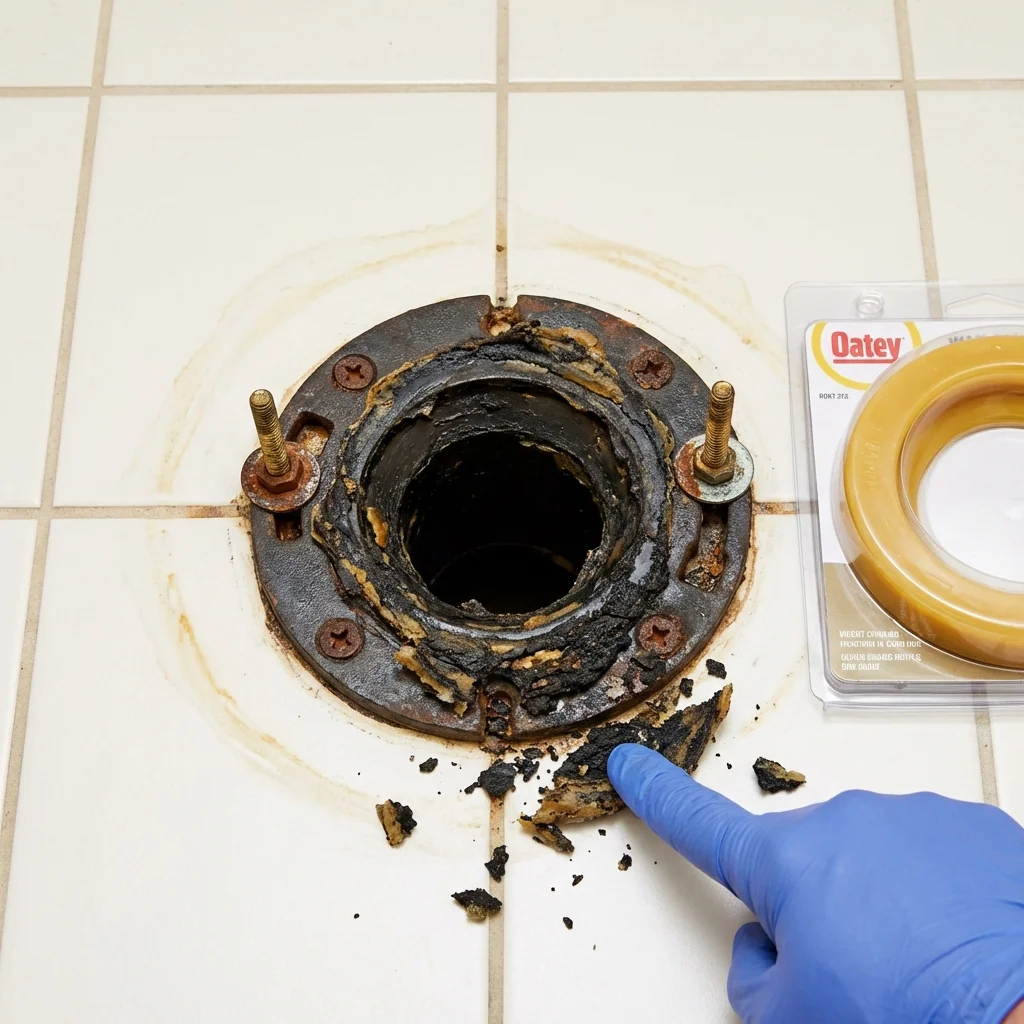 Failed wax ring showing water seepage at the base of a toilet in a Salem, MO home